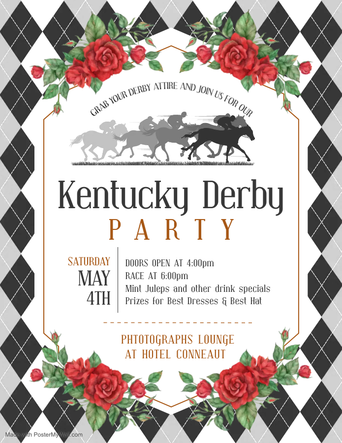 Kentucky Derby Party Event flyer for Sat May 4th 2024 at Hotel Conneaut event at  Conneaut Lake PA